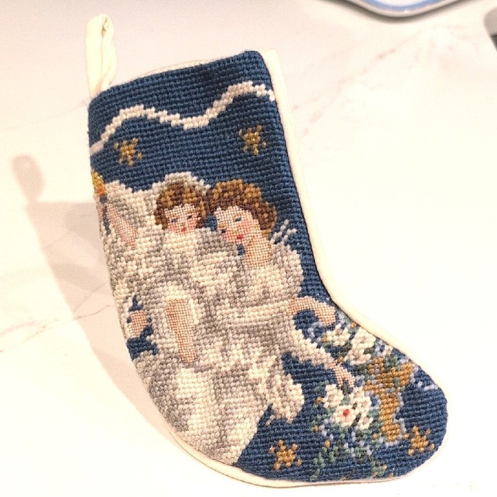 Vintage Handmade Embroidered Needlepoint Angel Christmas Stocking
